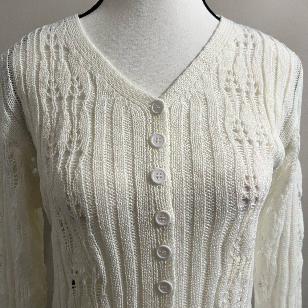Cream Crochet Button Front Bell Sleeves Long Cardigan - Picture 4 of 11